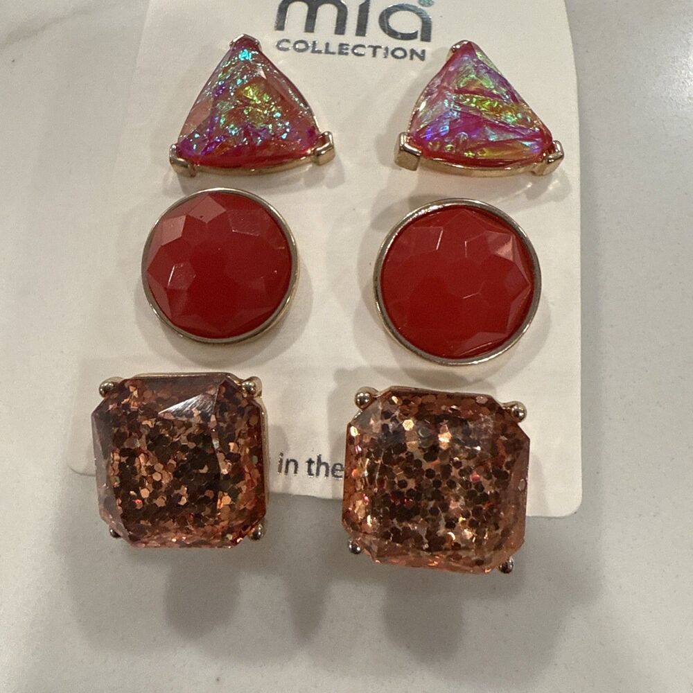 Mia Collection Costume Jewelry 3 Sets Red Earrings Post NEW - Picture 5 of 6
